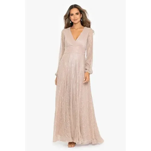Betsy & Adam | Dresses | Betsy Adam Champagne Metallic Long Sleeve Gown  Size 6 Nwt | Poshmark